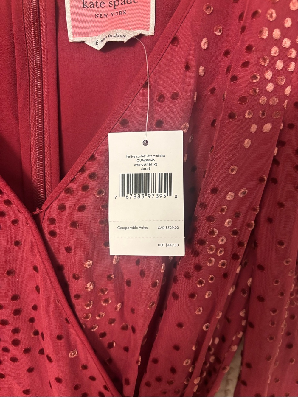 Kate Spade Maroon Festive Confetti Devore Long-Sleeve Mini Dress Size 6 - Picture 6 of 12